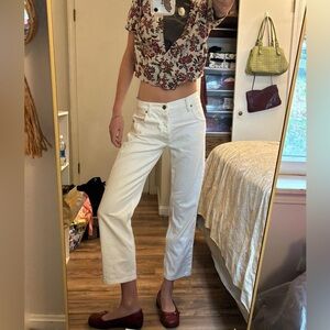 10.11 Studios Cream/white mid rise straight-leg denim jeans with a relaxed fit